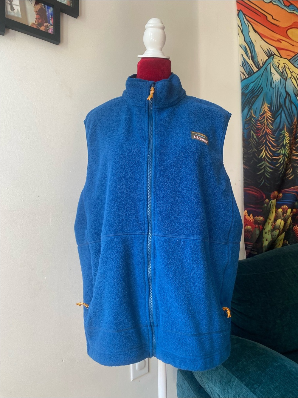 L.L. Bean Royal Blue Fleece Vest with Yellow Pulls